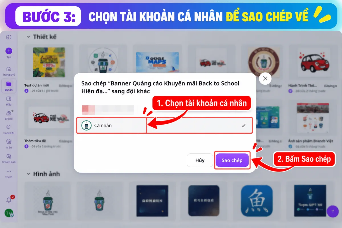 Bước 3: Chọn tài khoản Cá nhân trong hộp thoại rồi bấm Sao chép
