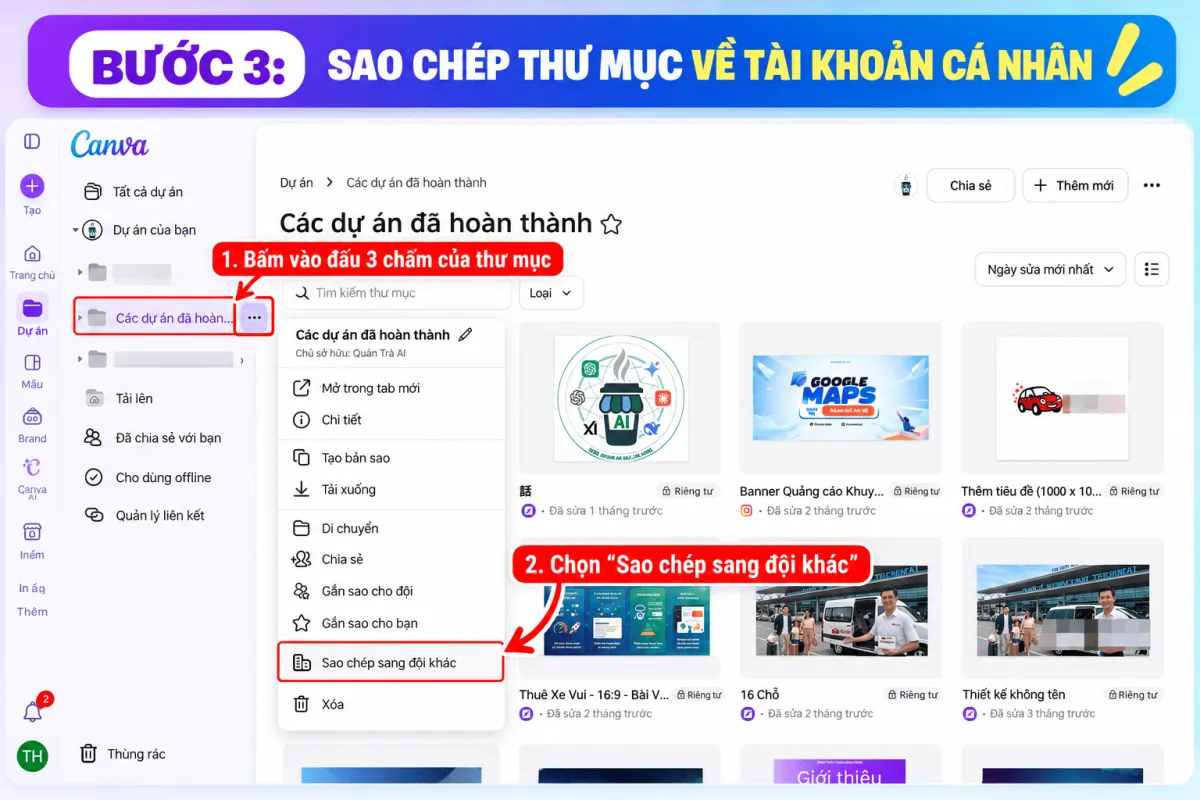 Cách 2 Bước 3: Bấm nút ba chấm của thư mục và chọn Sao chép sang đội khác